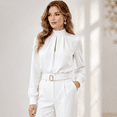 thumbnail image 5 of Mock Neck Pleated Blouses for Women, Solid Long Sleeve Lantern Cuff Elegant Shirts, Silky Lightweight Office Commute Fashion Dress Top, 5 of 6