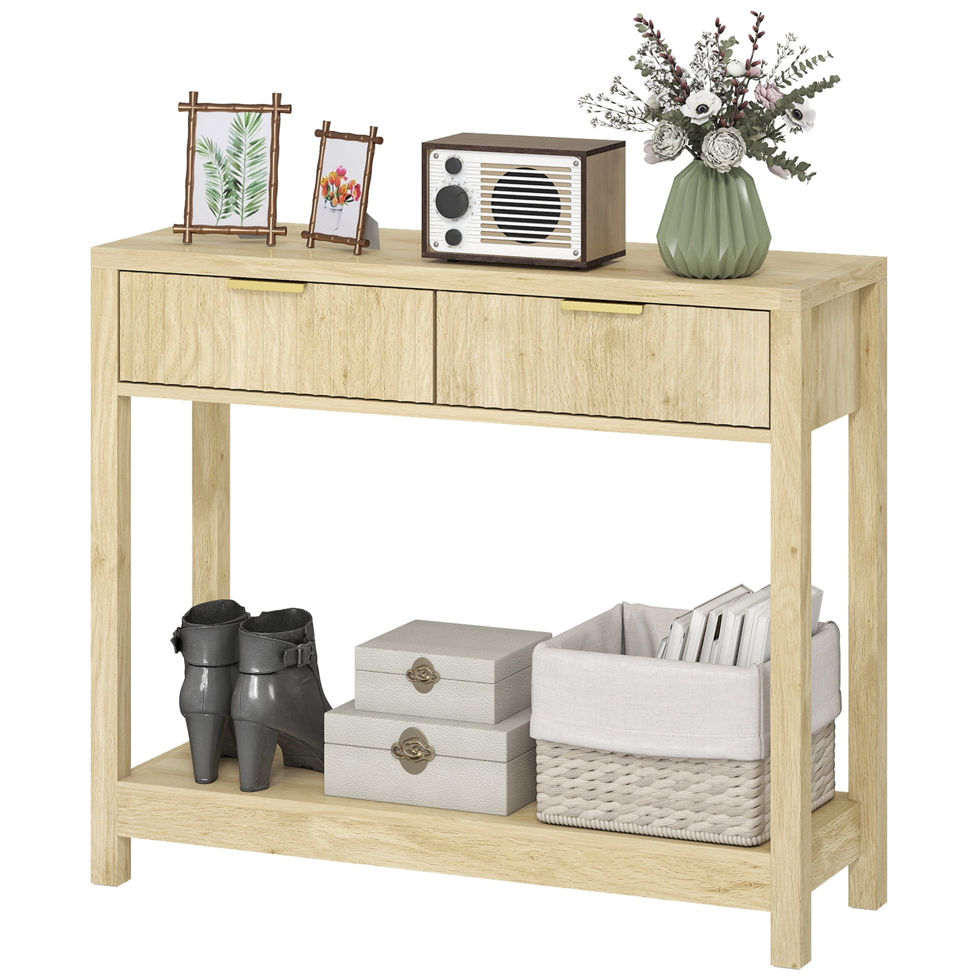 Natural Wood Console Table with 2 Fluted Drawers and Open Shelves, Modern Entryway Table with Anti-Tip Kit for Hallway Living Room Bedroom