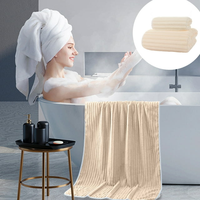 SPOORYYO Thickened Corduroy Towel and Bath Towel Two Piece Set - Soft, Absorbent, Striped Design, Easy Care, Durable
