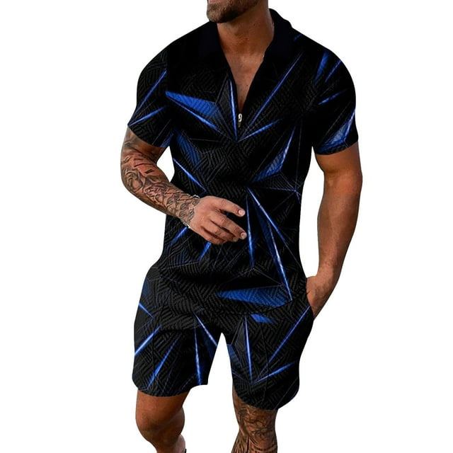 toraway Autumn Men's Suits Classic Fit Separates Male Casual Striped Gradient Ramp Print Two Piece Zipper Short Sleeve Top Blouse Suit Drawstring Pocket Short Set XXXXL