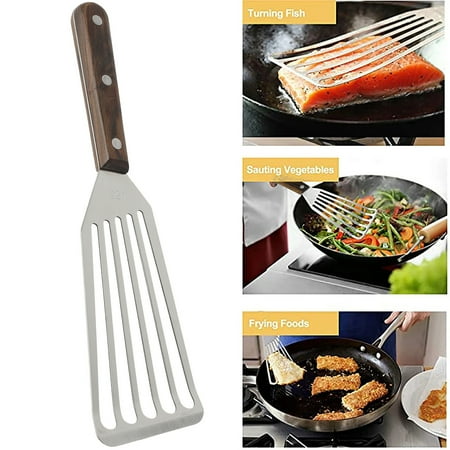 

Gpoty Kitchen Fish Spatula Thin Fish Turner 11 Stainless Steel Spatula with Wood Handle Beveled-Edged Kitchen Fish Spatula for Fish Egg Meat Flipping Frying Grilling Cooking