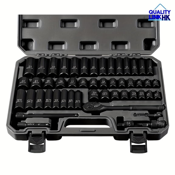 50pcs Heavy-Duty Impact Socket Set - 3/8" Drive Ratchet, SAE & Metric (M6-M32) 6-Point Cr-V Steel | Rust-Resistant, Extension Bar & Joint Included, Perfect Gift for Mechanics