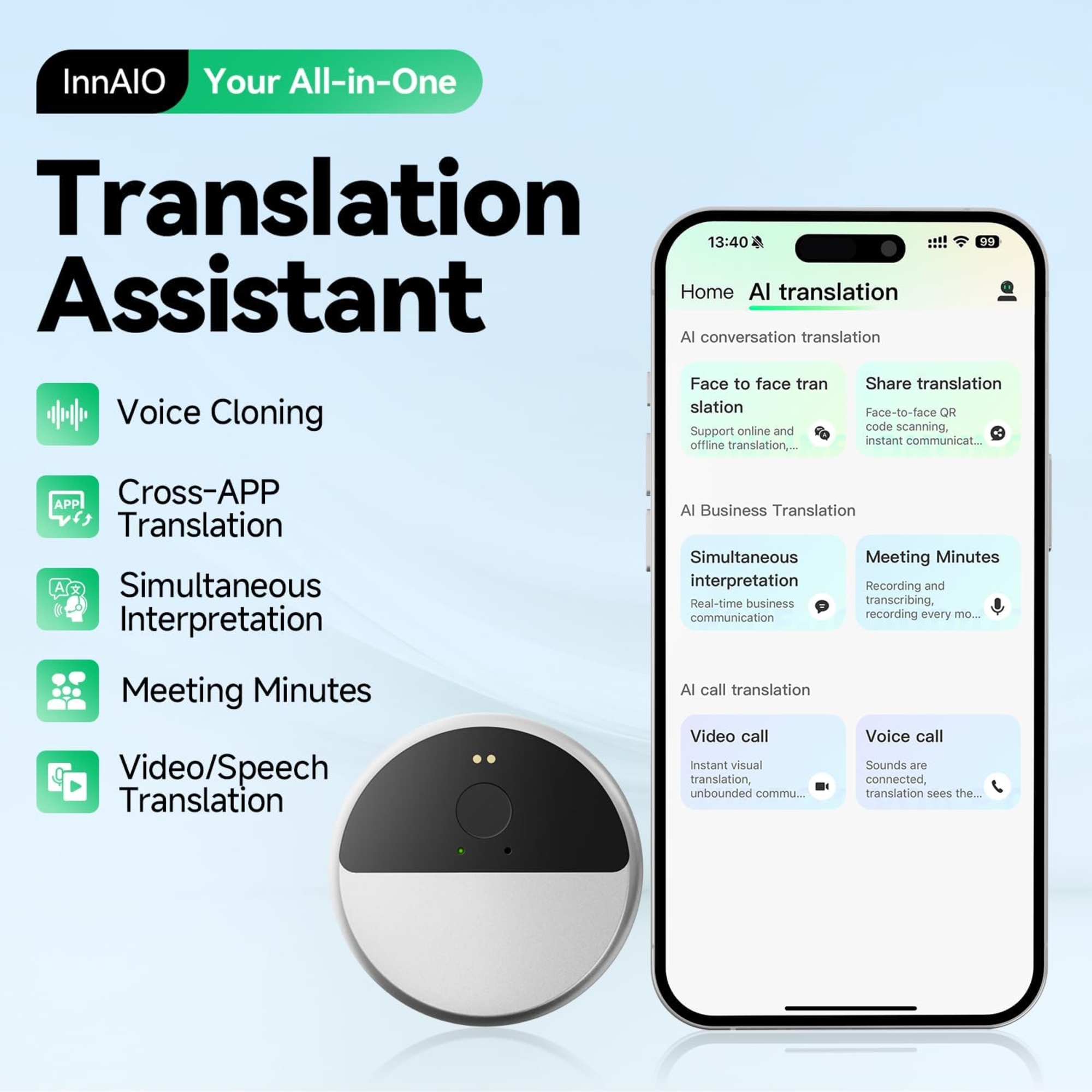 InnAIO AI Translator T9 Real Time Voice Cloning, Support 150+