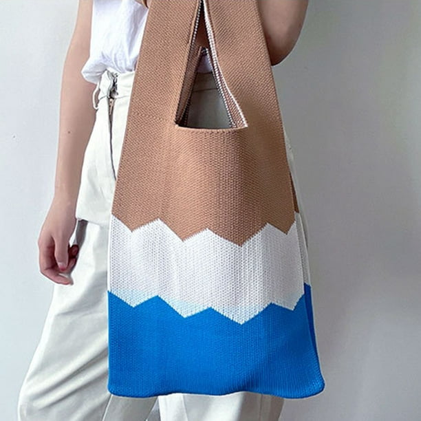 Bolso colorido tejido bloques de color textura delicada costura precisa bolso de hombro para ir de compras en la playa Walmart en linea