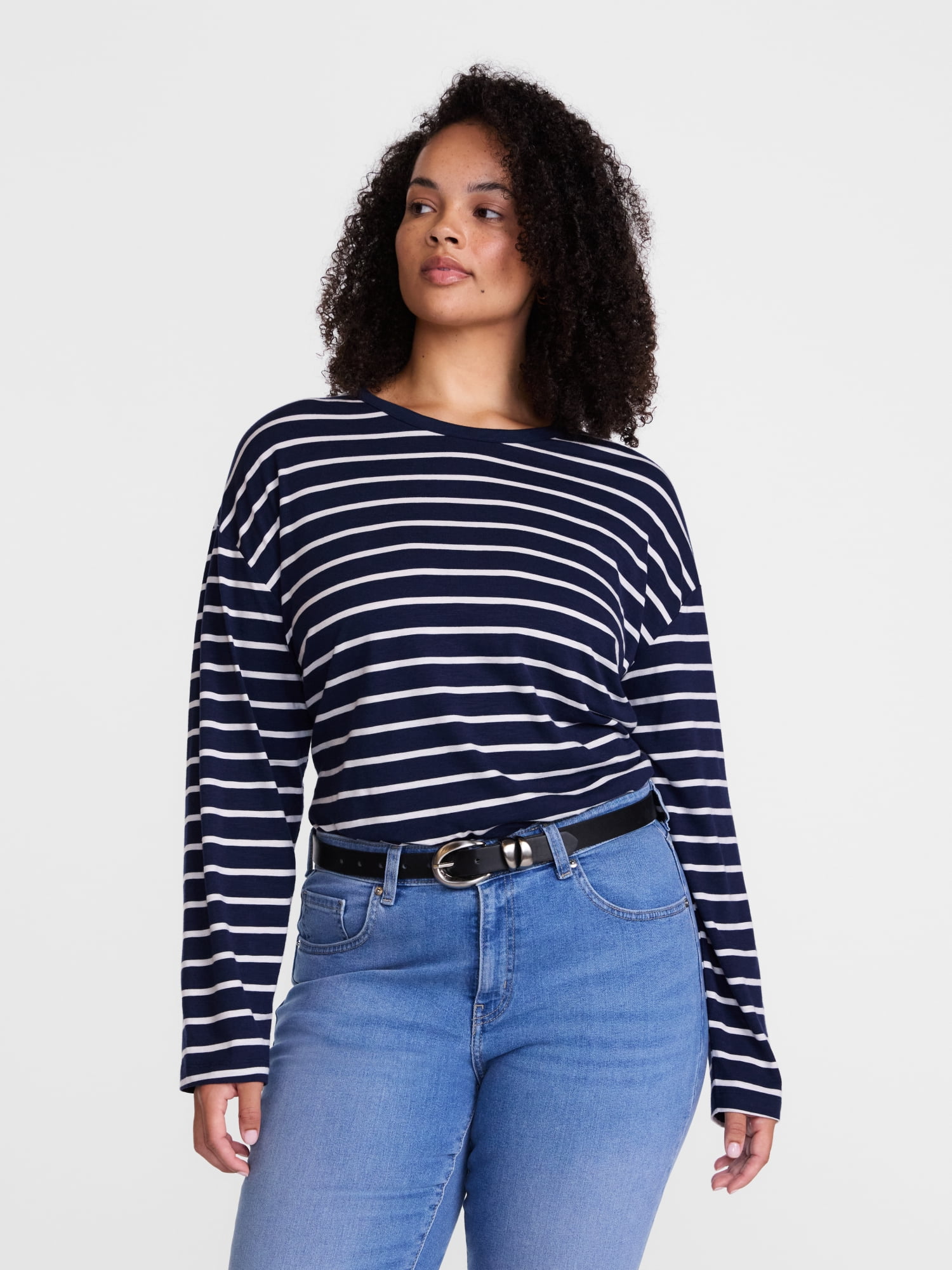 Scenario Women's and Women's Plus Relaxed Slub Tee with Long Sleeves, Sizes XS-4X