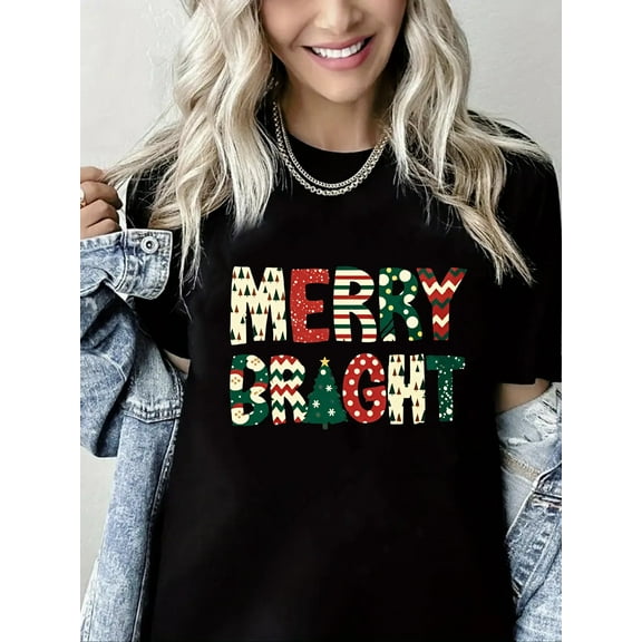 Merry Christmas Tshirt Merry Bright Print Short Sleeve Shirt for Women