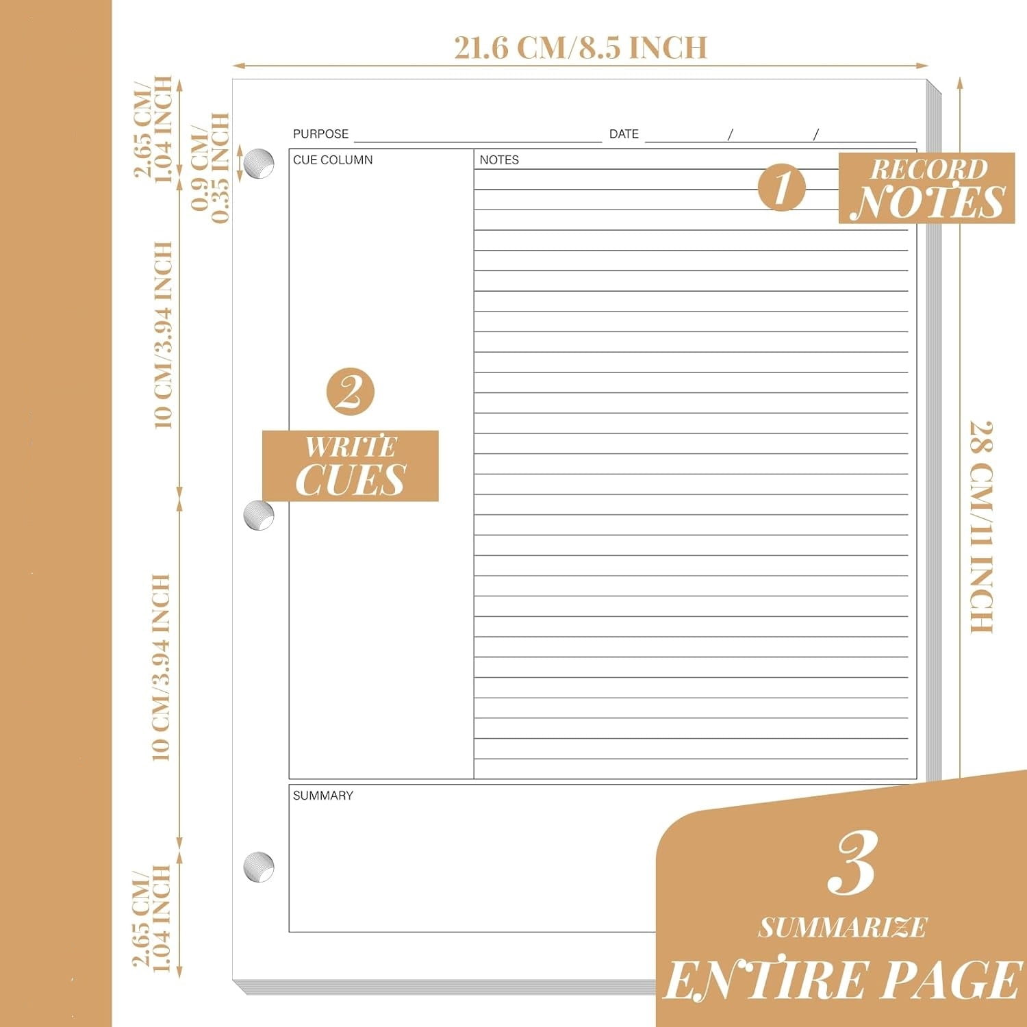 200 Sheets Cornell Notes Loose Leaf Paper, 8.5 x 11 Inch, 3 Hole Punch (White)