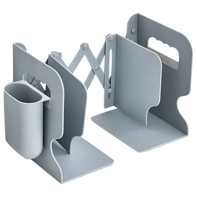 KAKOWELY bookends with pen holder Telescopic Book Shelf Simple Bookstand Creative Book Ends Durable Book Stand With Pen Container for Home Office Shop Store (Grey Bookeds and Grey Pen Container)