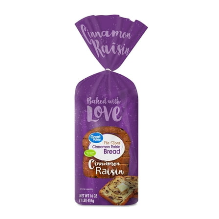 Great Value Pre-Sliced Cinnamon Raisin Bread Loaf, 16 oz (Shelf Stable)