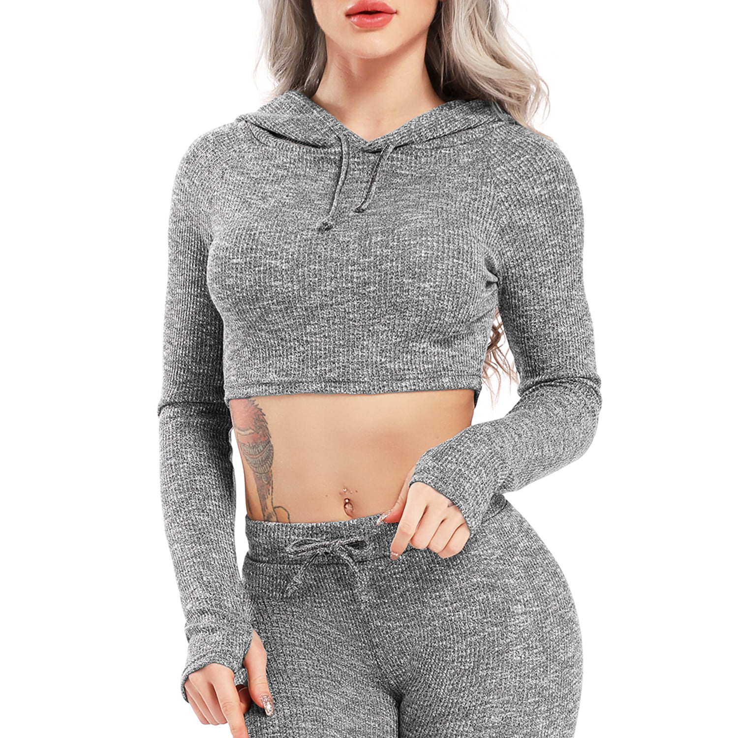 Asvivid Womens Two Piece Outfits Sets Solid Ribbed Zipper Crop Tops Hoodie Sweatsuits Sport Workout Fitness Active Tracksuits 