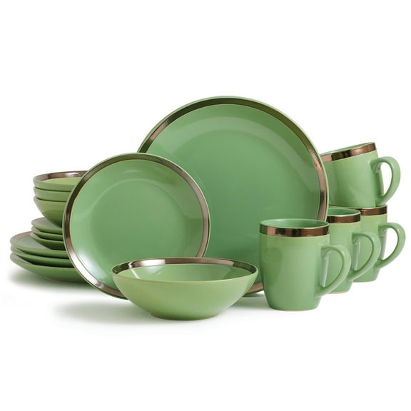 Bestone 16 Pieces Dinnerware Set, Stoneware, Chip Resistant, Dish Sets, Plates, Dishes, Bowls, Service for 4, Gold and Green