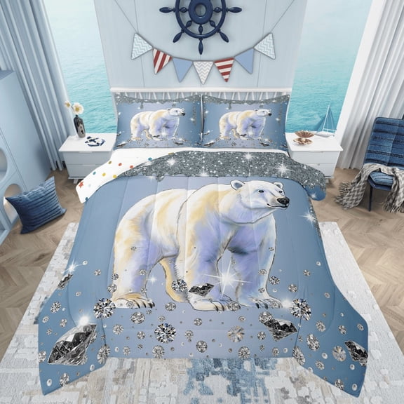 Polar Bear Comforter Set White Sequin Fluid Art Down Comforter,Crystal Diamond Twin Bedding Sets,Polar Animals Duvet Set Coastal Creature Room Decor
