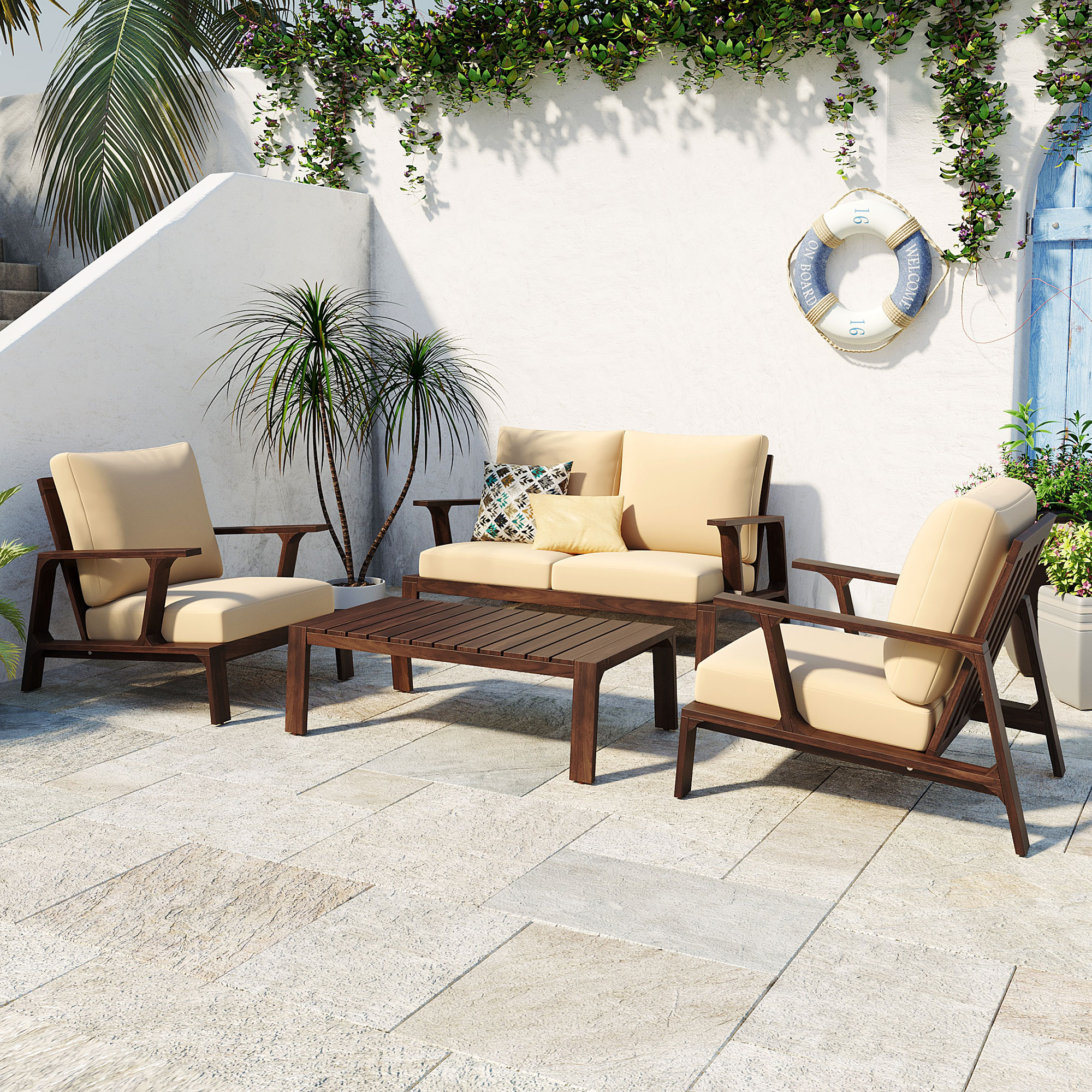 EUROCO 4 Pieces Outdoor Sofa Set 4-person Patio Seating Group Outdoor Conversation Set with Cushions and a Coffee Table for Patios, Gardens, or Balcony