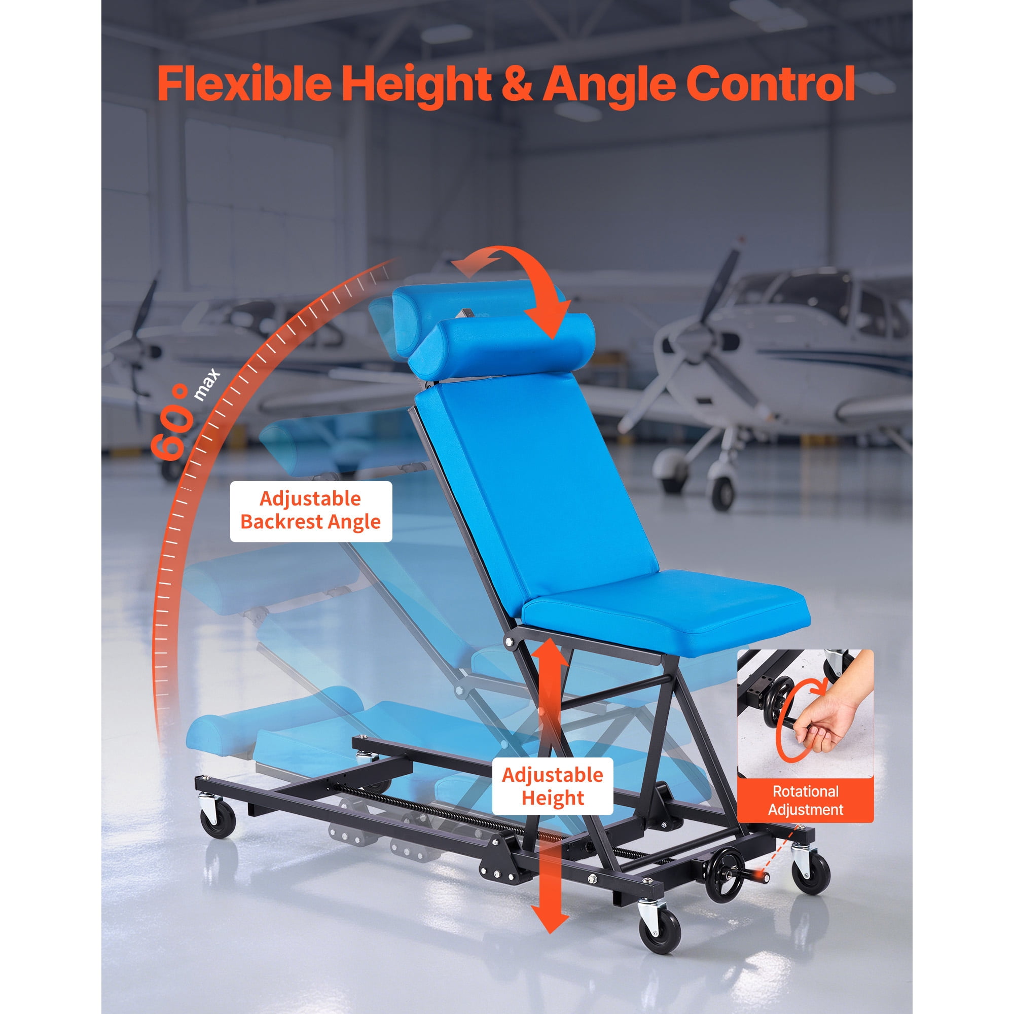 KFFKFF 48 in Adjustable Height Mechanic Creeper, 570 lbs Capacity Rolling Garage Seat with Backrest & Headrest, Cushioned Chair for Vehicle and Aircraft Maintenance