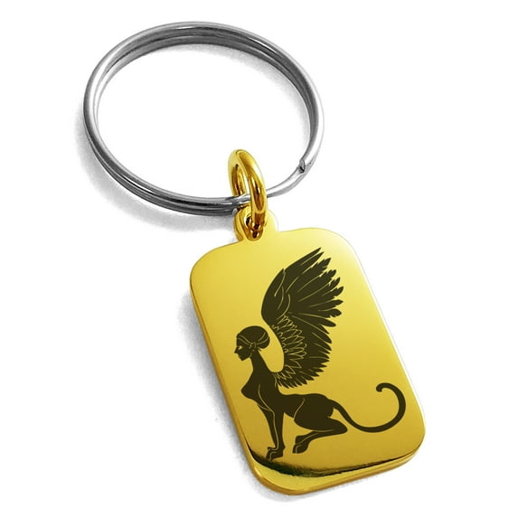 Stainless Steel Greek Mythology Shpinx Engraved Small Rectangle Dog Tag Charm Keychain Keyring