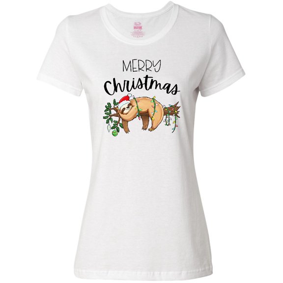 Inktastic Merry Christmas Cute Sloth with Santa Hat and Lights Women's T-Shirt