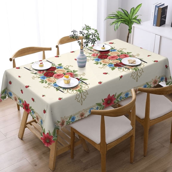 Vintage Floral Bouquet Border Rectangle Tablecloth Waterproof Table Cloth Stain and Wrinkle Resistant Washable, Decorative Fabric Table Cover for Dining, Party and Camping