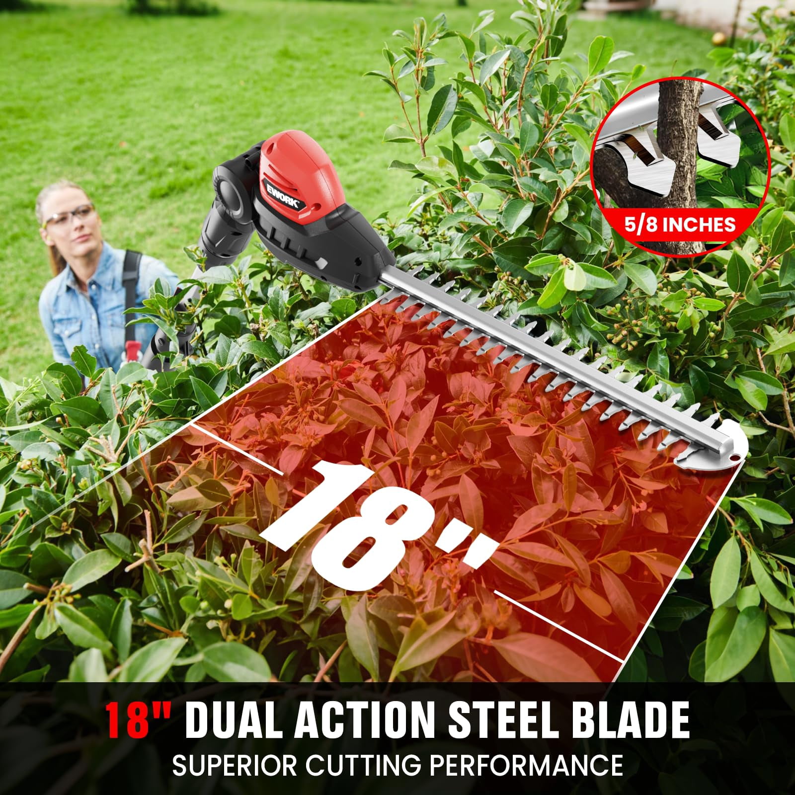 EWORK 20V Cordless Pole Hedge Trimmer, 18-inch Blade, 11-Angle Pivoting Head, 6.3-8.6 ft Reach, 6 lbs, 2 Batteries and Charger Included
