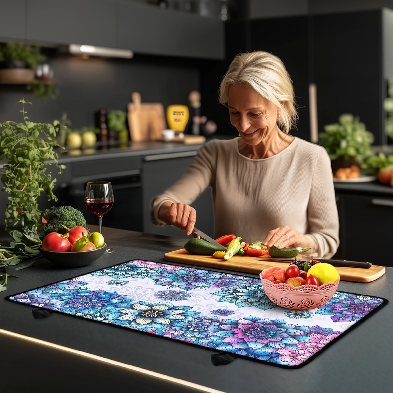 Renewold Glass Top Stove Cover Electric Stove Mat Foldable Non-slip Cooktop Mat Multipurpose Washer Dryer Top Protector Range Cover for Kitchen Counter, Bohemian Flower Blue