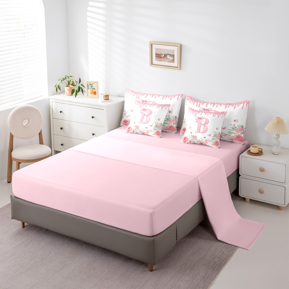 jejeloiu Initial Letter B Twin Bedding Sets 7-Piece,Vintage Rustic Flower Bedding Comforter Set,White Pink Bowtie Sheet Sets For Girls,Breathable Bedroom Decoration Reversible