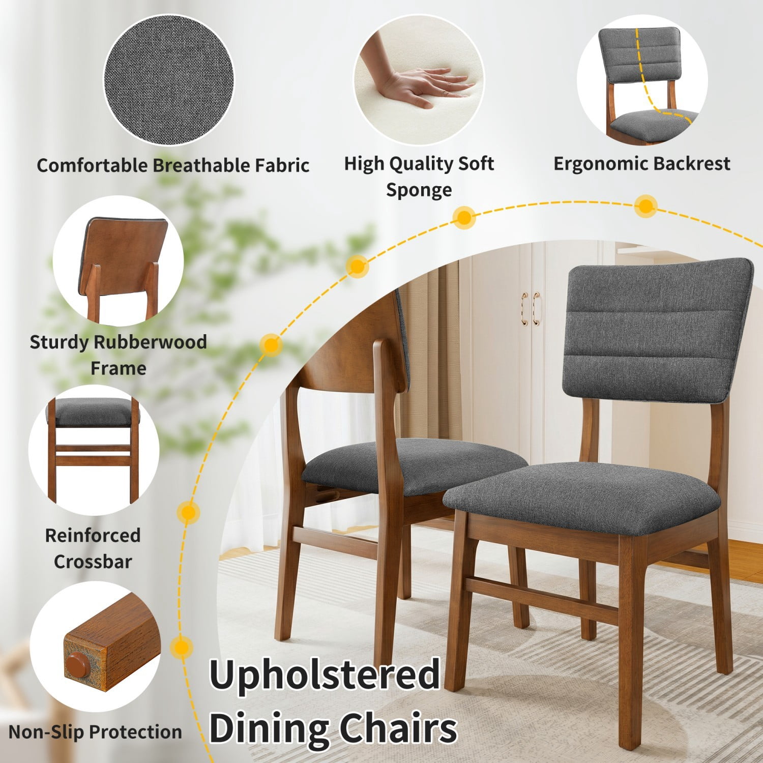 Farmhouse Dining Table Set for 4, Wood Kitchen Table with Upholstered Chairs, Rubberwood Frame, Padded Seats & Curved Backrests, Space-Saving Dinette Set for Dining Room, Brown & Gray