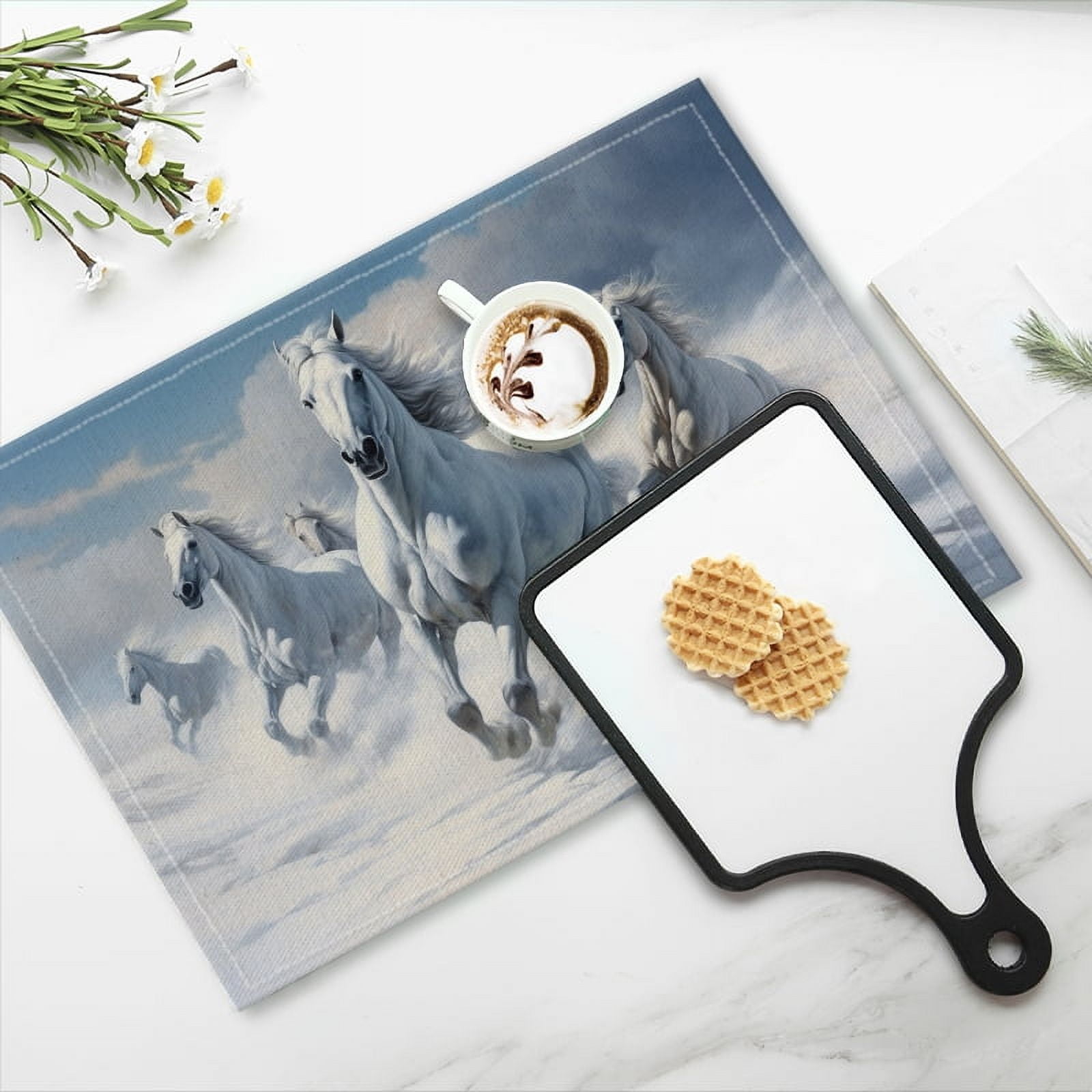 Bahomeck Placemats Set Of 4 Rectangle Linen Cotton Placemats For Dining Table Fade Resistance Washable Heat Resistant，18*12Inch,Group Of White Horses Galloping In The Snow