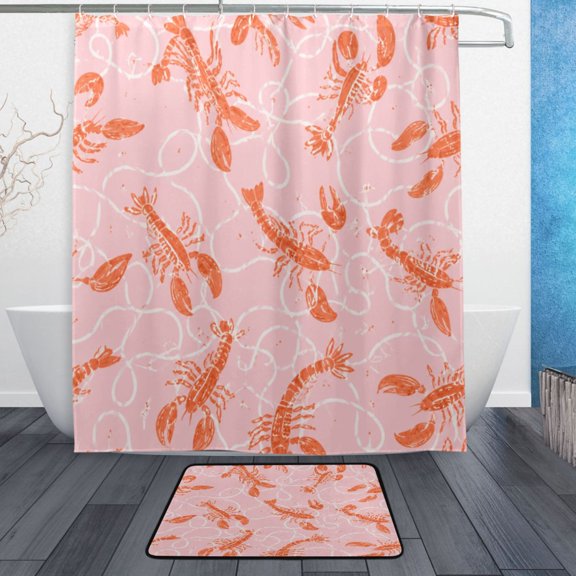 TTYFWHD 60" x 72" Shower Curtain and Bath Mat Set Seafood Lobster Pattern Waterproof Bathroom Curtain with 12 Hooks, Bathroom Decor Set