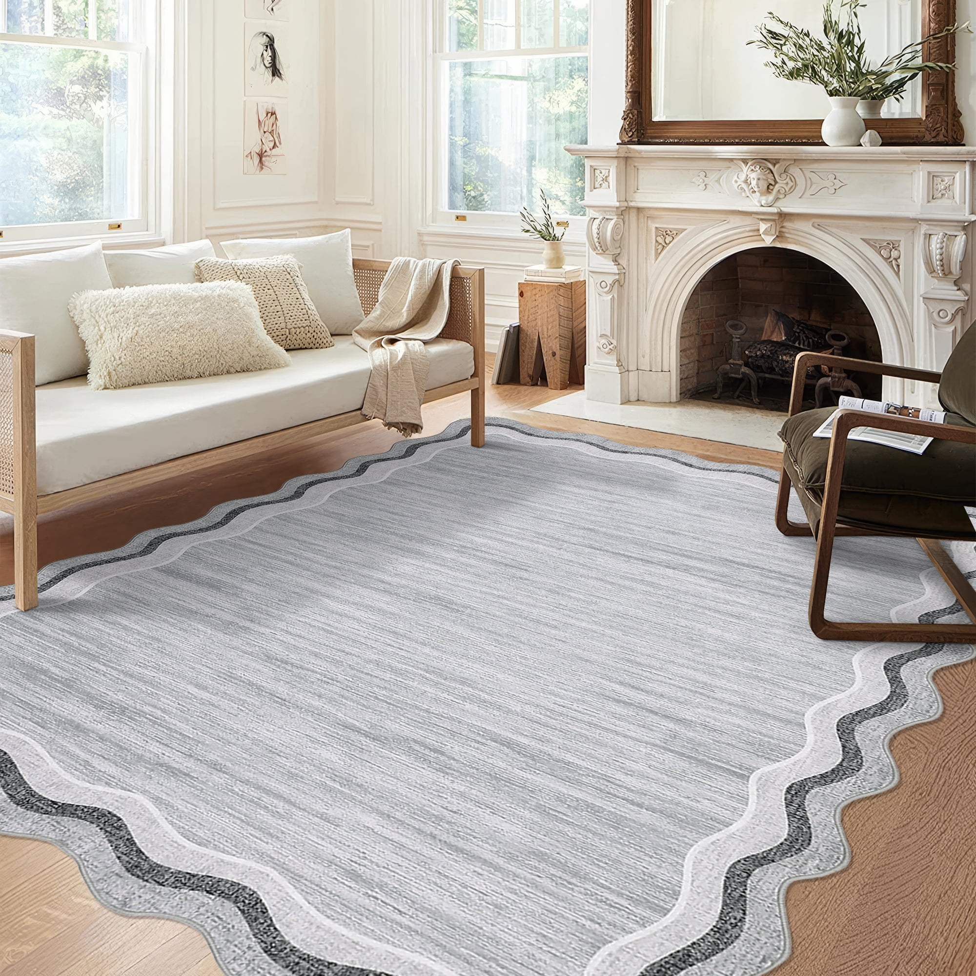 Large Scalloped Living Room Rug 10x13 Washable Modern Accent Carpet, Contemporary Low Pile Area Rugs with Non-Slip Backing, Stain-Resistant Foldable Floor Mat for Bedroom, Office, Grey