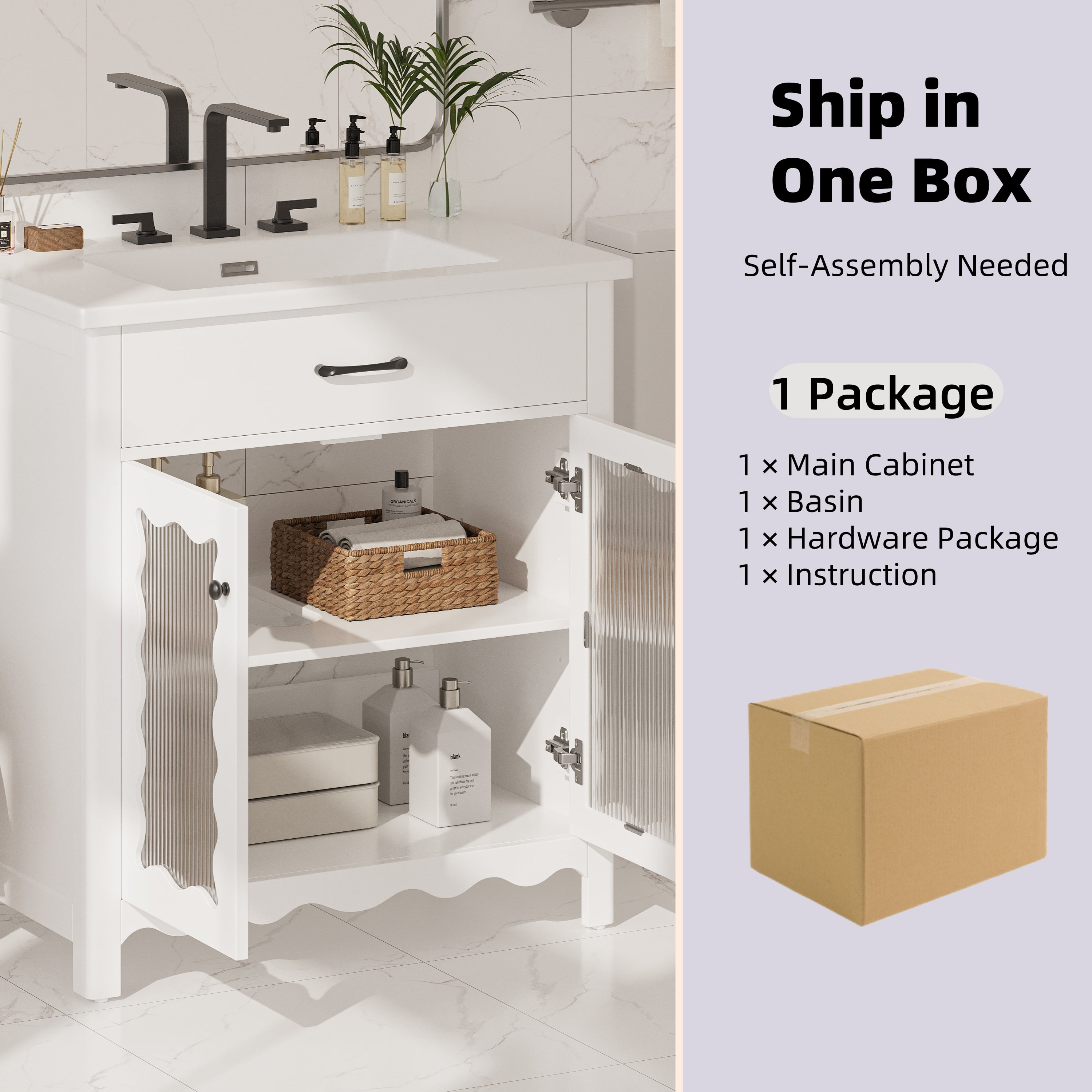 Euroco 31" Bathroom Vanity with Tempered Glass, Modern Bathroom Cabinet with Rubber Wood legs and Soft close Doors, White