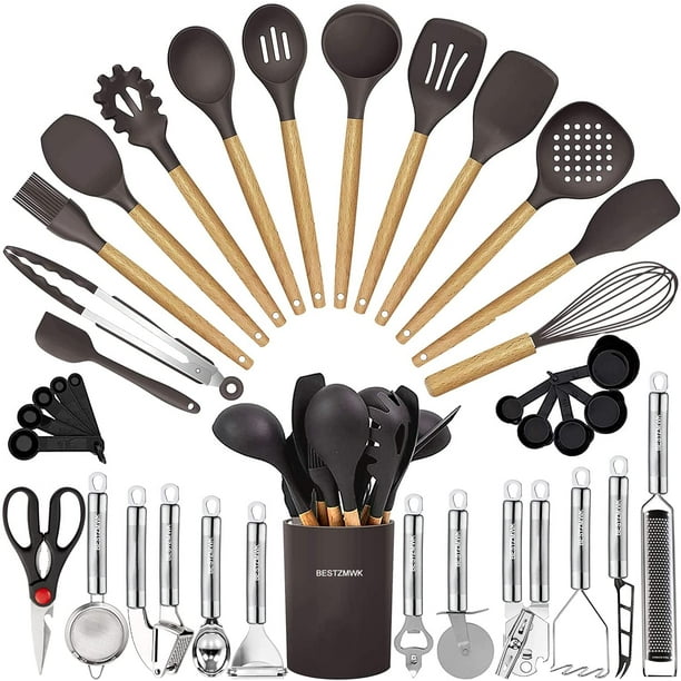 Kitchen Utensils Set- 35 PCs Cooking Utensils with Grater,Tongs, Spoon  Spatula &Turner Made of Heat Resistant Food Grade Silicone and Wooden  Handles