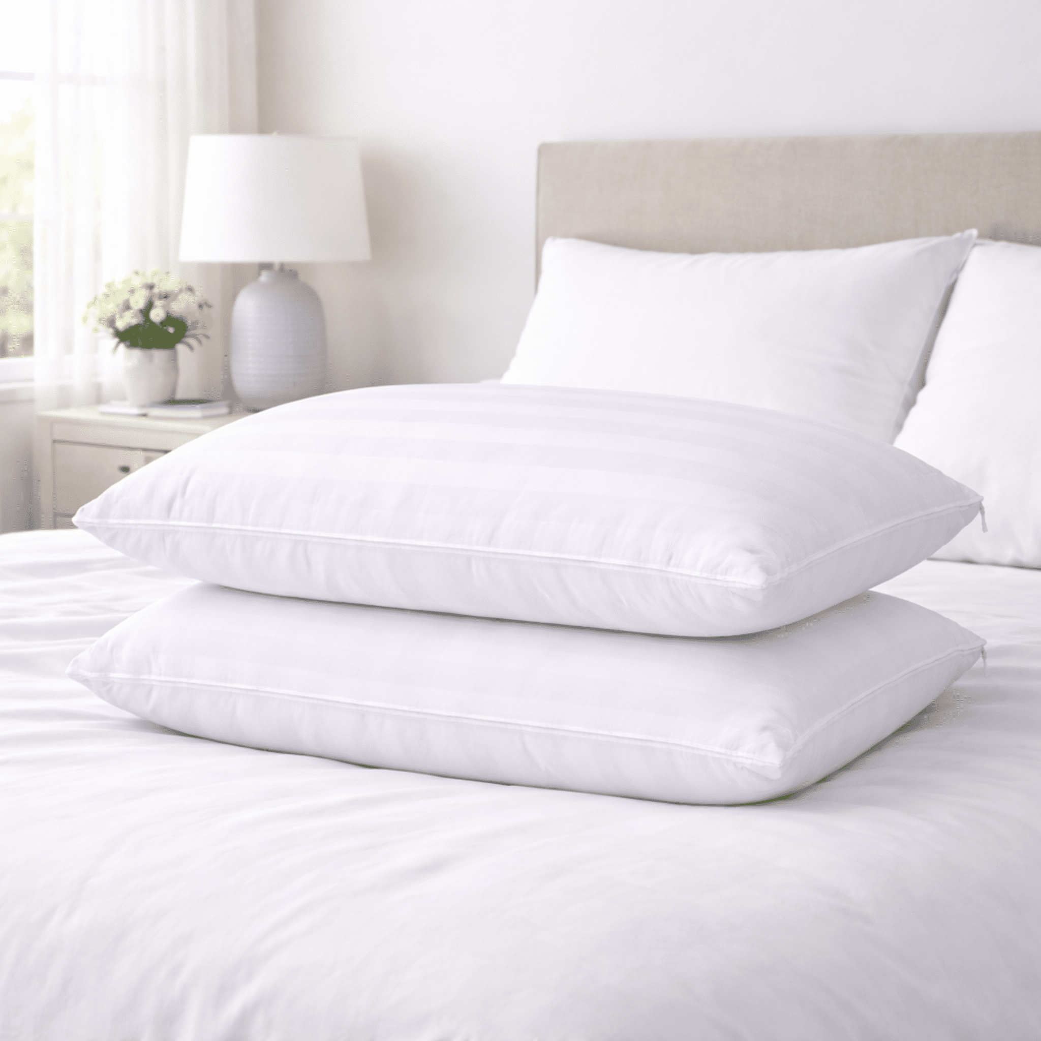 Continental Bedding 100% Cotton Damask Stripe Pillow Protector – 300 Thread Count, Zippered Hypoallergenic Cover - Queen - 2 Pack