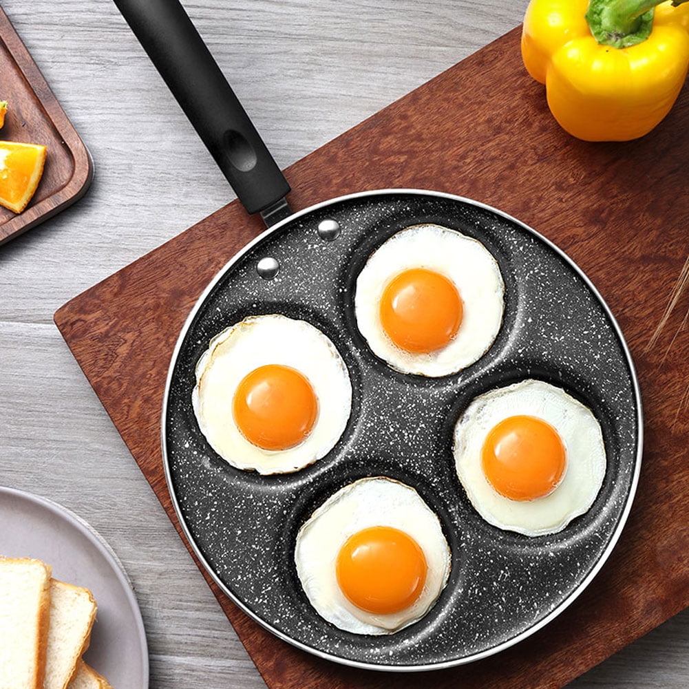 BOKYAN 9.5-Inch / 24 cm Black Nonstick Aluminum 4-Hole Frying Pan for Fried Eggs Pancakes & Burgers, Easy Clean Skillet with Heat Resistant Plastic Handle, Gas & Ceramic Stove Compatible Cooking Tool