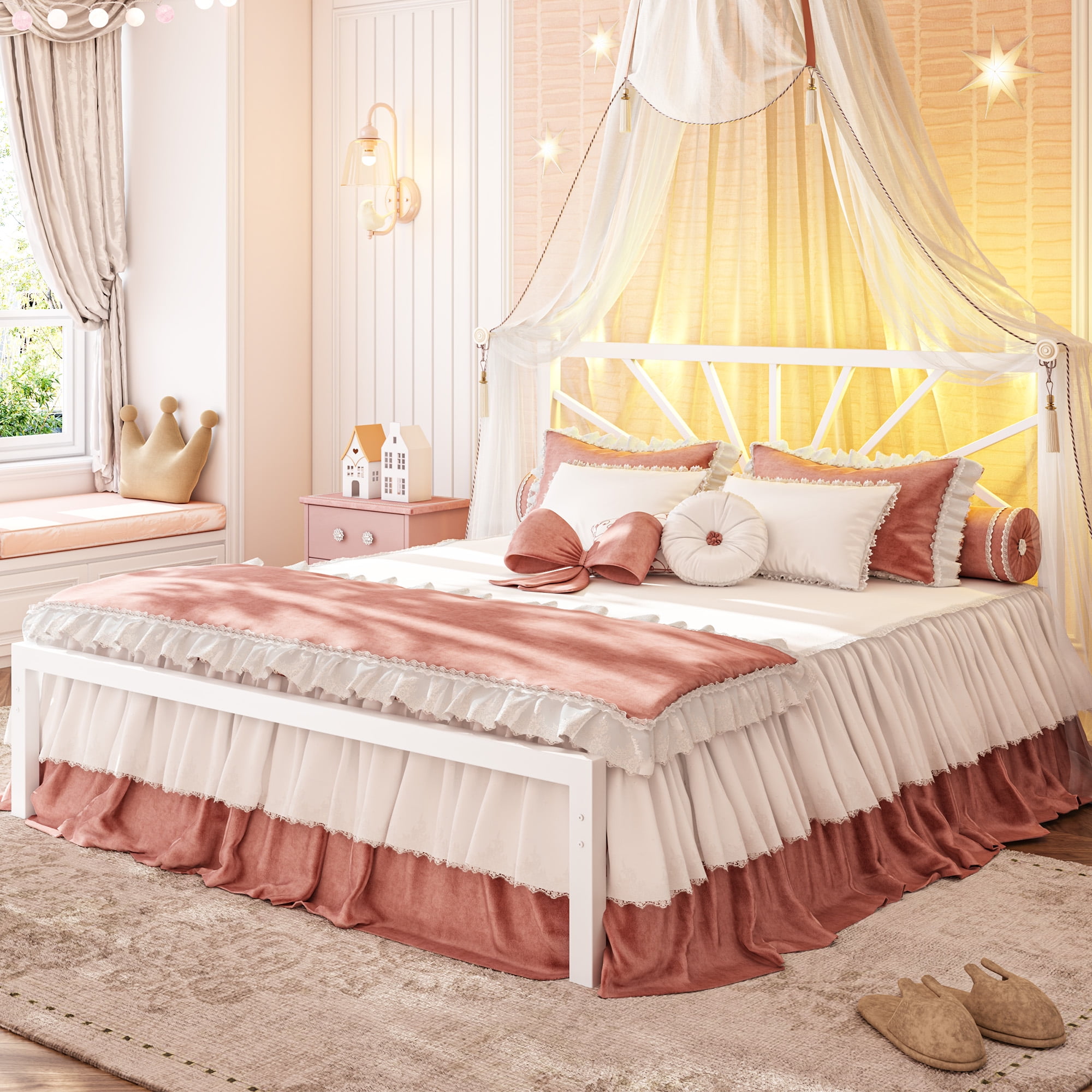 Full Size Metal Bed Frame with Headboard Metal Platform & LED Lights & Storage Underbed, Noise Free, No Box Spring, White