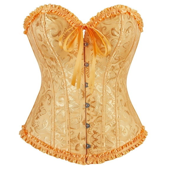 Women's Lace Up Corset Boned Floral Overbust Lingerie Bustier Bodyshaper Top Corset Tops for Women Bustier Shapewear Lingerie Lace Waist Push Up Bodysuit Overbust Boned Corset, Gold L