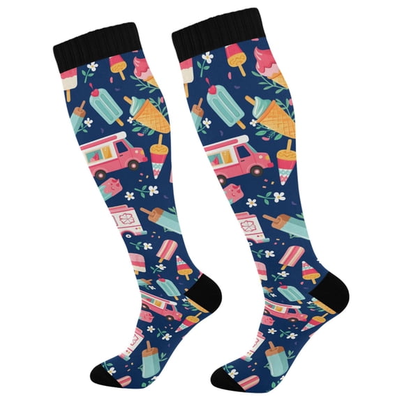 FORMRS Womens Knee High Socks Casual Long Thick Travel Daily Wear, 1 Pair, Pink Cartoon Truck Pattern
