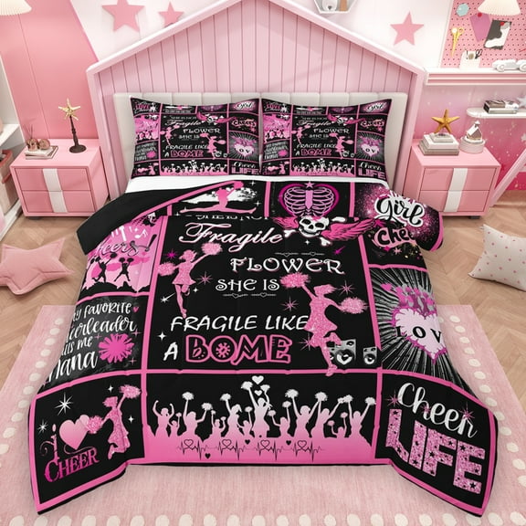 Homewish Cheer Life Bedding Comforter Set,Gymnastics Dancing Lovers Twin Comforter Sets,Pink Glitter Print Bedding Set For Girls Boys,Microfiber Bedroom Decor Reversible,2pcs