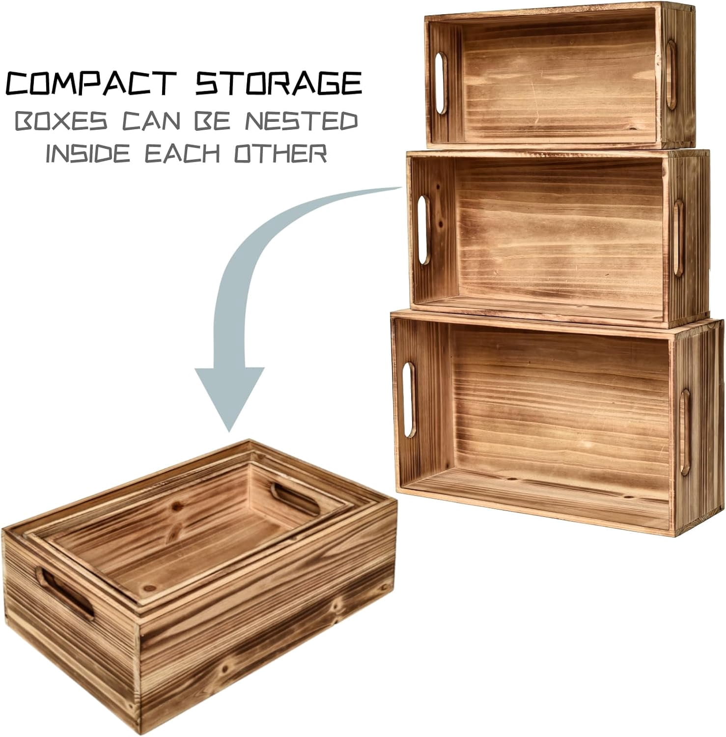 MODE HOME Wooden Storage Crates, Set of 3 Nesting Wood Boxes for Display and Organizing, Farmhouse Decorative Storage Bins for Crafts, Pantry & Living Room