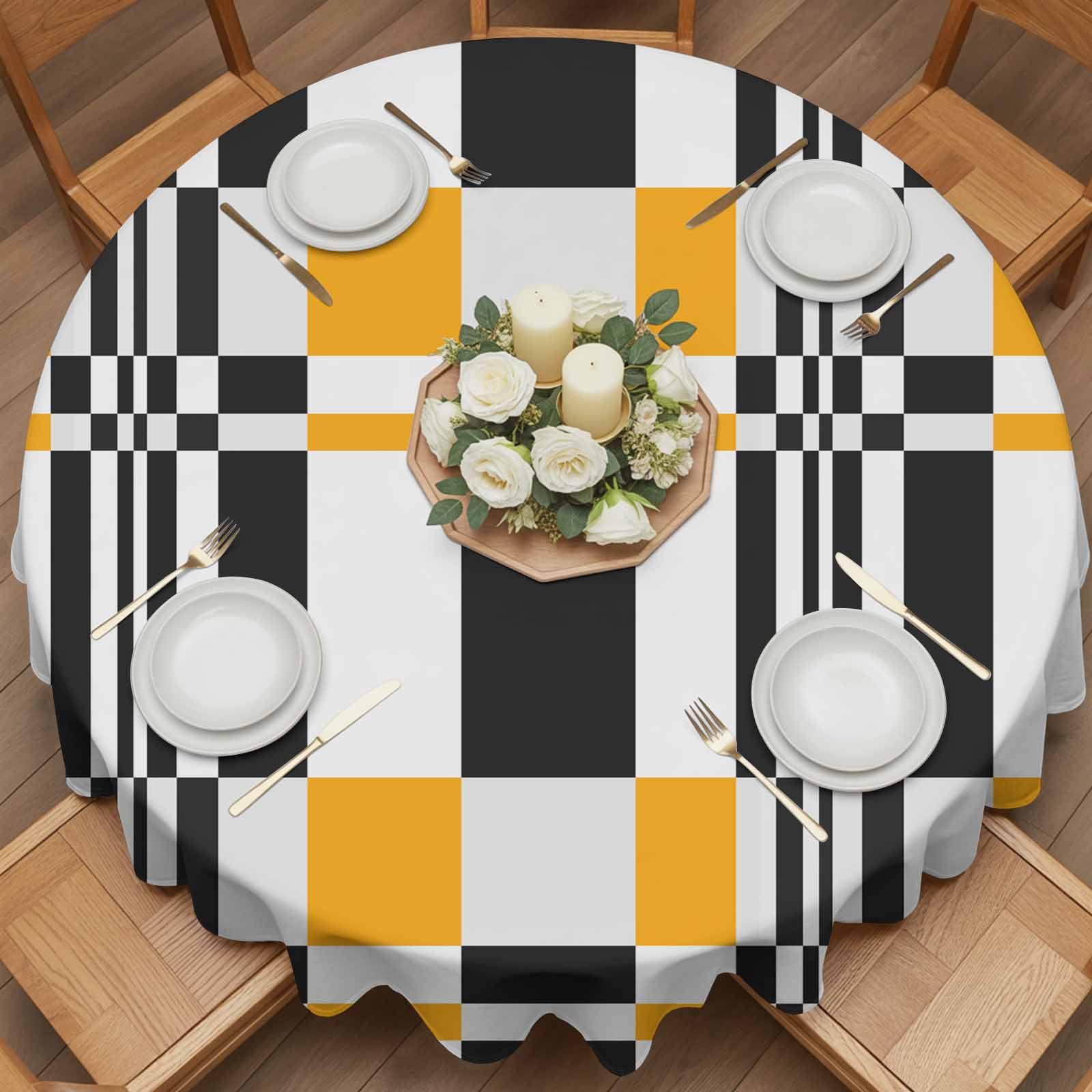 Round Tablecloth Yellow Black Squares Waterproof Oil Proof Polyester Table Cloth Cover Decor for Home Dining Outdoor,Patio,Parties, 54" Dia. Abstract Geometric Art