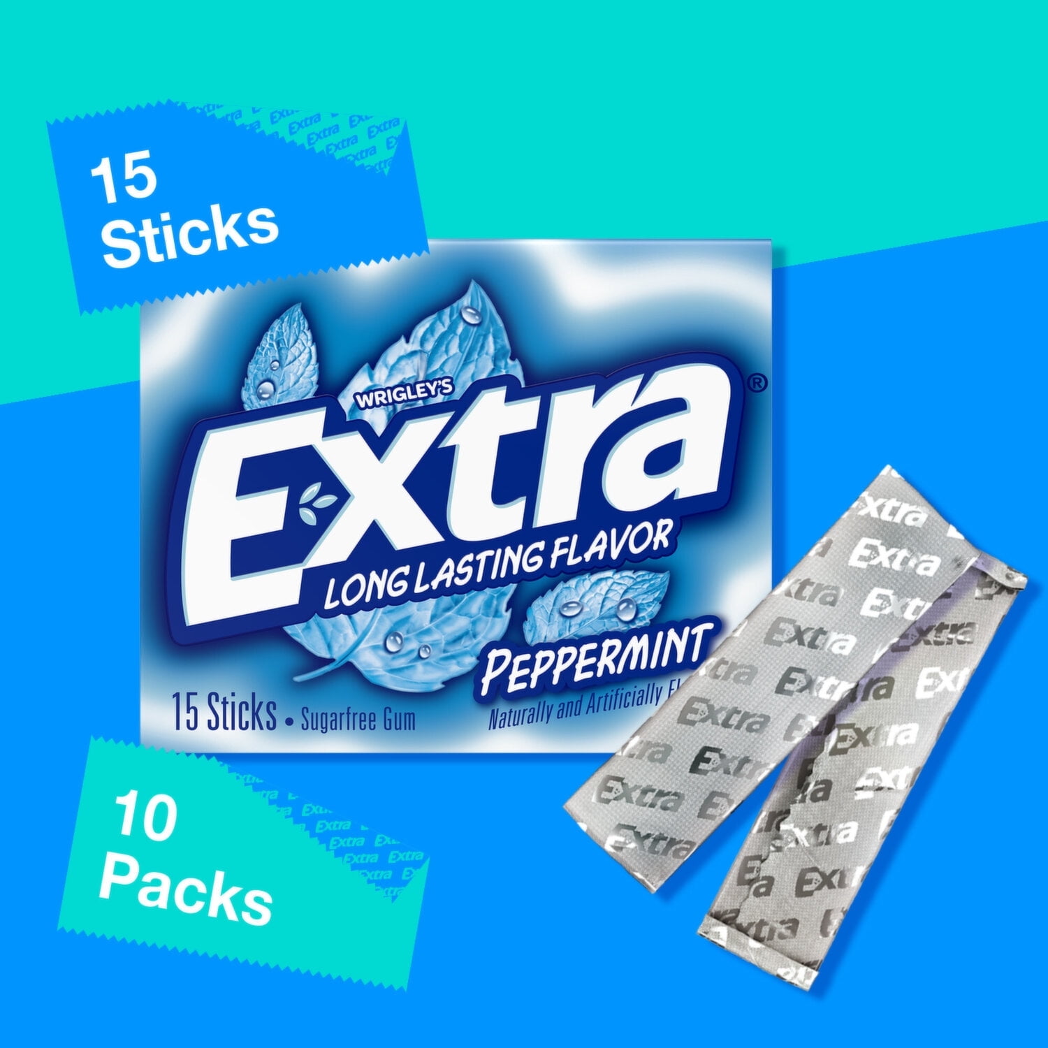 Extra Peppermint Sugarfree Gum – Long Lasting Flavor, 10 Packs, 15 Sticks Each (150 Total)