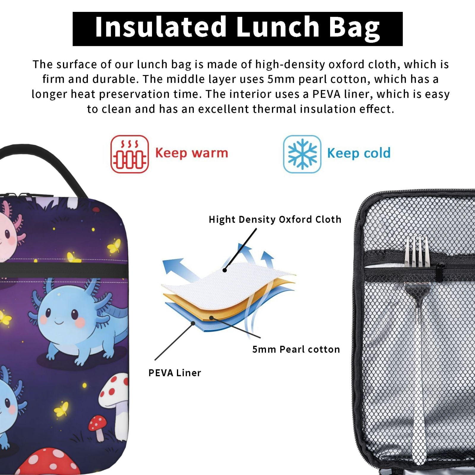 Lunch Bag For Women Men Insulated Portable Lunch Box Bento Box Office Picnic Travel Cooler Bag Axolotl And Mushrooms