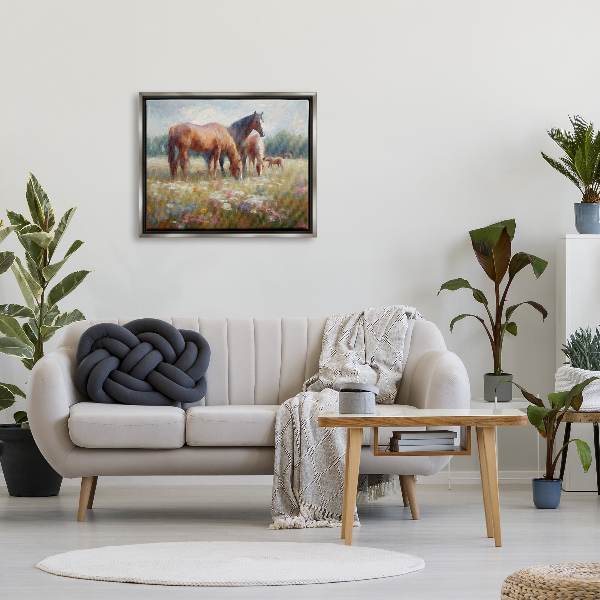 Stupell Industries Horse Family in Meadow Animals & Insects Painting Gray Floater Framed Canvas Art Print Wall Art, 31 x 25