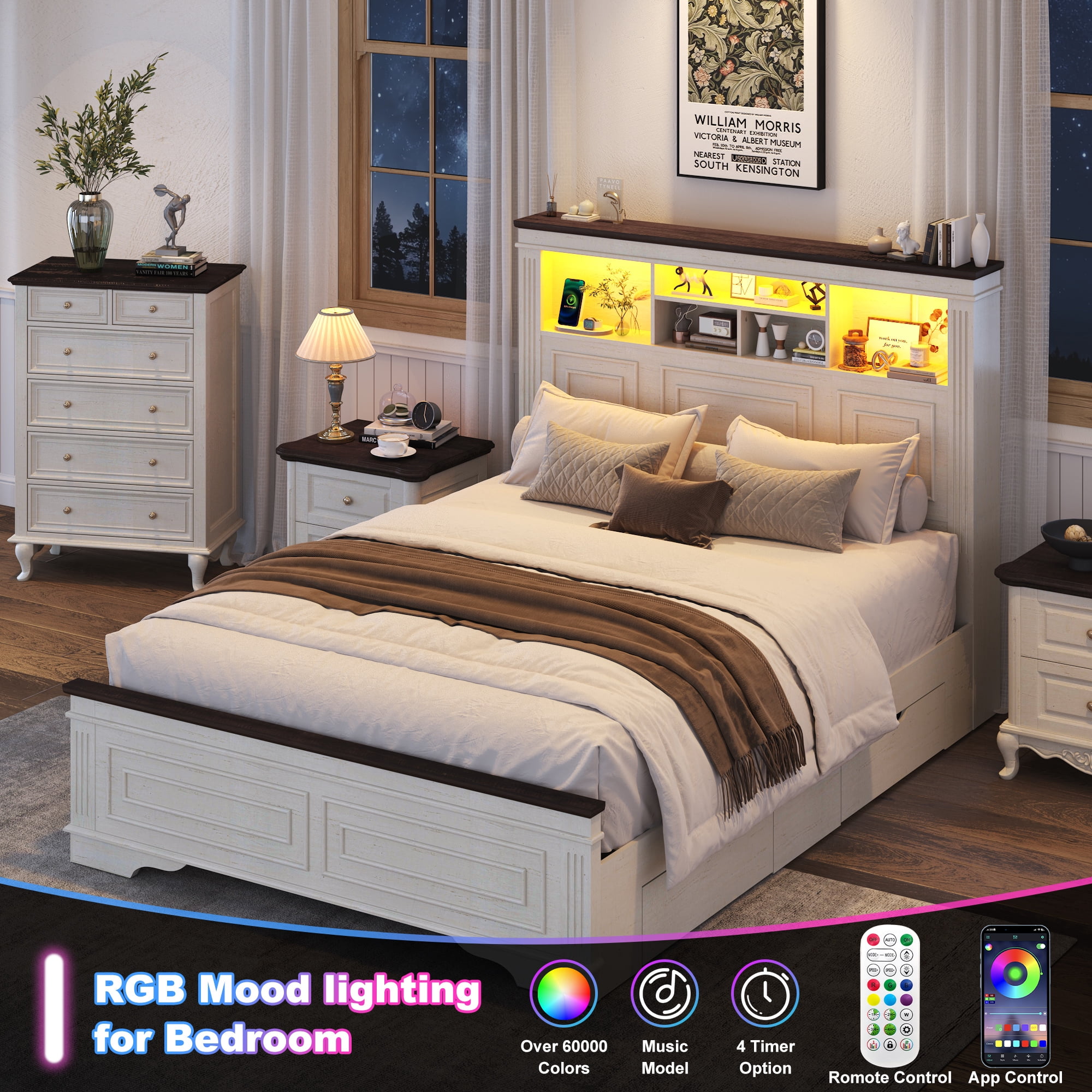 ANPOO Farmhouse Queen Size Bed Frame with 51" Tall Headboard & 4 Drawers, Queen Bed Frame and Headboard with LED Lights & Charging Ports, No Box Spring Needed, Wooden, Antique White