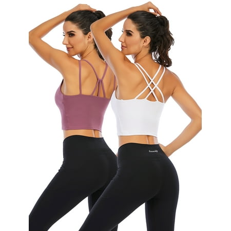 

2 Pack Women s Sport Bra Strappy Back Yoga Tops Running Workout T-Shirt Sports Underwear Inner Chest Pad Sling Tube Top Vest