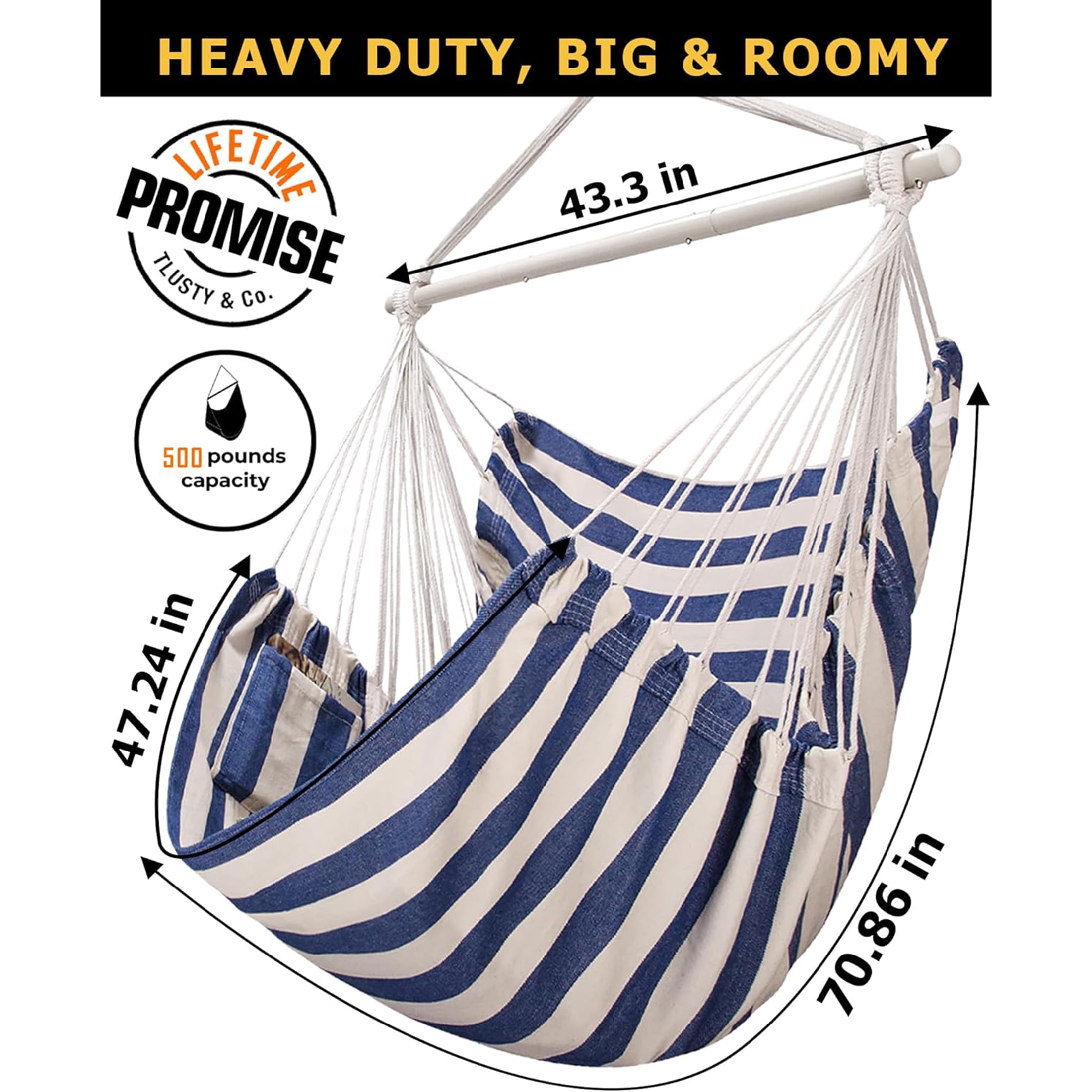Sunyear Hammock Chair Anti-Slip Oversized Swing Chair  -  XXL Hanging Chair with  Steel Spreader Bar and Pocket for Bedroom, Patio, Outdoor/Indoor Use  (500 lbs Capacity)