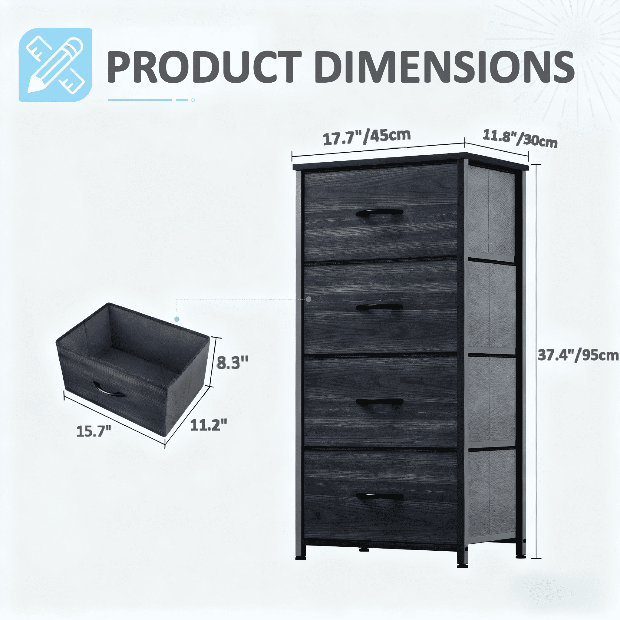 CONCETTA 4 Drawer Dresser, Wide Chest Drawers Nightstand Storage Tower Storage Fabric Dresser With Wood Top for Living Room, Bedroom, Closet, Black Wood