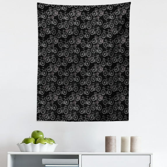 Bicycle Tapestry, Vintage Bikes in Hand Drawn Style on a Black Background with Grunge Effect, Fabric Wall Hanging Decor for Bedroom Living Room Dorm, 5 Sizes, Black and White, by Ambesonne