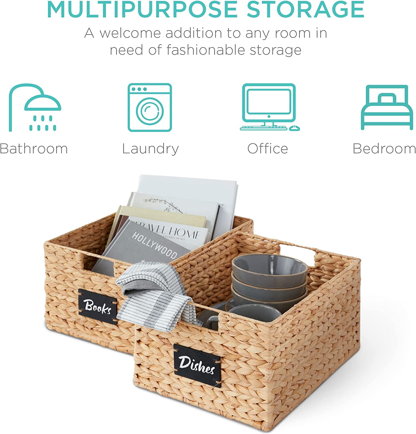 Pantry Baskets Set of 2 16x12in Water Hyacinth Storage Baskets, Woven Wicker Kitchen Organizers with handles w/Chalkboard Label Chalk Marker - Natural