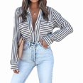 thumbnail image 4 of Women'S Striped Button Down Shirts Casual Long Sleeve Stylish V Neck Blouses Tops with Pockets Black L, 4 of 5