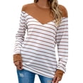 thumbnail image 1 of Camisa de manga larga con rayas de color caqui y bloques de color para mujer: comodidad para la oficina y el hogar, XL, 1 of 7