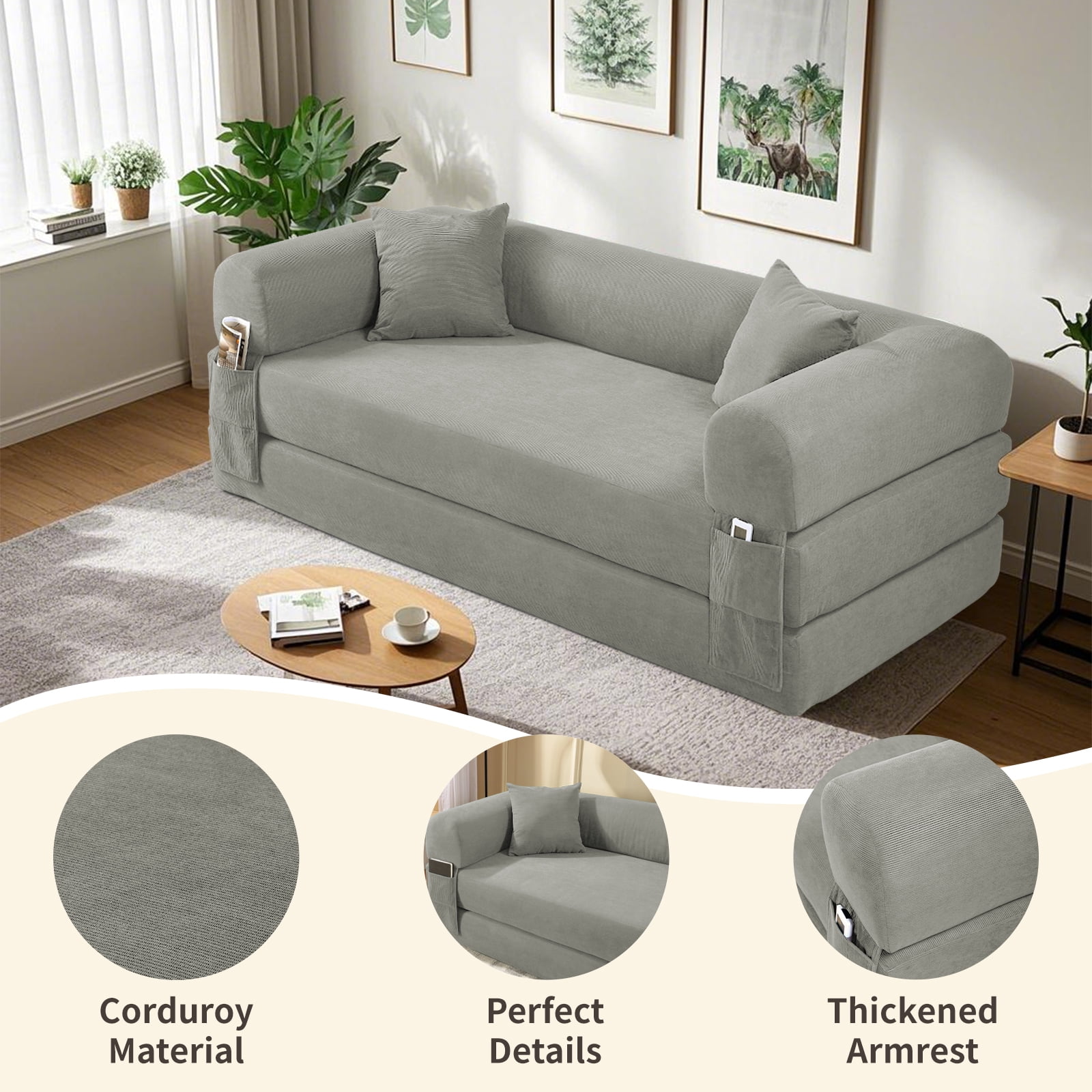 3 in 1 Convertible Sofa Bed, 80" Corduroy Folding Pull Out Couch with 2 Pillows, Floor Sofa with Side Storage for Living Room, No Assembly Modern Boneless Couch Compression Sofa, 35.4"W